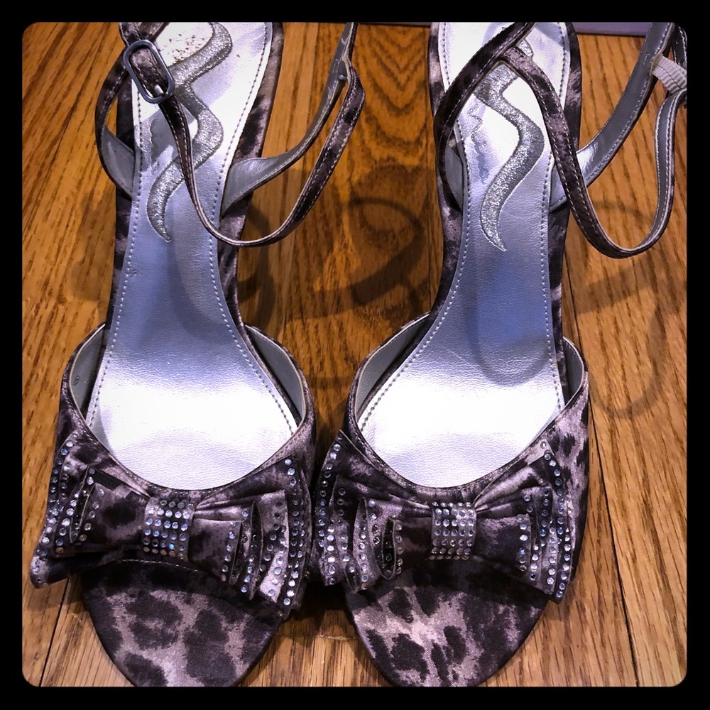 Peep toe Nina leopard heels diamond trimmed bows